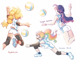 Size: 2560x2048 | Tagged: safe, artist:xiaojin315, part of a set, applejack, rainbow dash, twilight sparkle, human, g4, female, high res, humanized, simple background, sports, trio, volleyball, white background