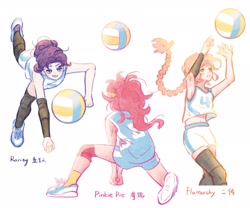 Size: 3000x2500 | Tagged: safe, artist:xiaojin315, part of a set, fluttershy, pinkie pie, rarity, human, g4, alternate hairstyle, female, high res, humanized, simple background, sports, trio, volleyball, white background