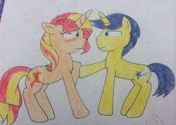 Size: 750x533 | Tagged: safe, artist:imtailsthefoxfan, comet tail, sunset shimmer, pony, unicorn, g4, female, male, mare, ship:cometshimmer, shipping, stallion, straight, traditional art