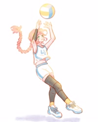 Size: 2048x2560 | Tagged: safe, artist:xiaojin315, part of a set, fluttershy, human, g4, alternate hairstyle, braid, female, high res, humanized, simple background, solo, sports, volleyball, white background