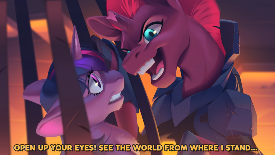 [armor,broken horn,cage,duo,female,g4,horn,mare,pony,safe,scared,text,twilight sparkle,unicorn,looking at each other,scene interpretation,tempest shadow,open up your eyes,looking at someone,artist:kissyander]
