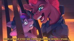 Size: 900x506 | Tagged: safe, artist:kissyander, tempest shadow, twilight sparkle, pony, unicorn, g4, armor, broken horn, cage, duo, female, horn, looking at each other, looking at someone, mare, open up your eyes, scared, scene interpretation, text