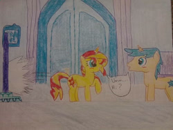 Size: 749x562 | Tagged: safe, artist:justaviewer94, comet tail, sunset shimmer, pony, unicorn, g4, female, male, mare, ship:cometshimmer, shipping, stallion, straight, traditional art
