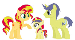Size: 749x398 | Tagged: safe, artist:auridash-draws, comet tail, sunset shimmer, oc, oc:solar star, pony, unicorn, g4, female, filly, foal, male, mare, parents:cometshimmer, ship:cometshimmer, shipping, simple background, stallion, straight, white background