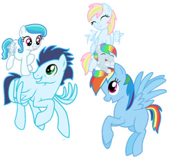 Size: 750x707 | Tagged: safe, artist:littlesnowyowl, rainbow dash, soarin', oc, oc:feather float, oc:firework, oc:spectrum flash, pegasus, pony, g4, baby, baby pony, female, filly, flying, foal, male, mare, offspring, parent:rainbow dash, parent:soarin', parents:soarindash, ship:soarindash, shipping, simple background, stallion, straight, white background