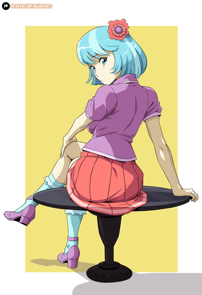 [blushing,clothes,equestria girls,female,g4,human,looking at you,looking back,safe,skirt,solo,table,looking back at you,coco pommel,pursed lips,artist:rambon7]