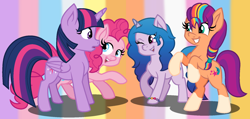 Size: 1820x864 | Tagged: safe, artist:princessyanderequinn, izzy moonbow, pinkie pie, sunny starscout, twilight sparkle, alicorn, earth pony, pony, unicorn, g4, g5, coat markings, female, generational ponidox, izzy and her heroine, socks (coat markings), sunny and her heroine, twilight sparkle (alicorn)