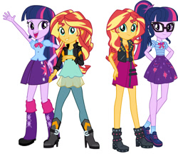 Size: 961x832 | Tagged: safe, artist:cartoonmasterv3, sci-twi, sunset shimmer, twilight sparkle, equestria girls 10th anniversary, equestria girls, g4, clothes, female, pleated skirt, shoes, simple background, skirt, then and now, white background