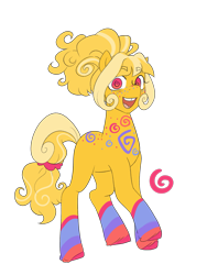 Size: 1461x1942 | Tagged: safe, artist:aztrial, oc, oc only, oc:swirlie scribble, earth pony, pony, bio in description, body markings, coat markings, colored hooves, earth pony oc, female, freckles, looking at you, mare, markings, open mouth, pink eyes, ponytail, raised hoof, simple background, smiling, socks (coat markings), solo, swirly eyes, tooth gap, transparent background, unshorn fetlocks