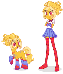 Size: 3655x4254 | Tagged: safe, artist:arshe12, oc, oc only, oc:swirlie scribble, earth pony, pony, equestria girls, g4, clothes, commission, crossed arms, equestria girls-ified, evening gloves, eye clipping through hair, eyebrows, eyebrows visible through hair, female, freckles, gloves, grin, long gloves, mare, markings, miniskirt, open mouth, raised hoof, self paradox, self ponidox, shirt, simple background, skirt, smiling, socks, solo, stocking feet, stockings, striped gloves, striped socks, swirly eyes, thigh highs, thigh socks, transparent background, unshorn fetlocks, ych result