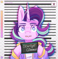 Size: 2418x2485 | Tagged: safe, artist:wavecipher, starlight glimmer, pony, unicorn, g4, barbie mugshot meme, clothes, frown, high res, looking at you, meme, mugshot, solo