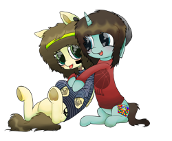 Size: 5500x4500 | Tagged: safe, artist:cactuscruncher, derpibooru exclusive, pegasus, pony, unicorn, :p, absurd resolution, beanie, belly, blue coat, blue eyes, blushing, brown mane, christofer drew, clothes, cuddling, duo, duo male, ear piercing, emo, face paint, floppy ears, folded wings, friends, friendship, gauges, green eyes, hat, headband, hug, hug from behind, jordan witzigreuter, lidded eyes, lip piercing, looking at each other, looking at someone, lying down, male, messy mane, messy tail, on back, one ear up, open mouth, open smile, piercing, ponified, shiny eyes, shirt, short tail, simple background, sitting, smiling, spider bites, stallion, striped shirt, sweatband, sweater, tail, tattoo, tongue out, transparent background, underhoof, wings, yellow coat