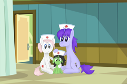 Size: 2732x1816 | Tagged: safe, artist:ponycolton, nurse redheart, oc, oc:amethyst swirl, oc:filly anon, oc:green, earth pony, pony, unicorn, fanfic:trust once lost, g4, arm around neck, door, female, filly, foal, hat, hospital, looking at you, male, mare, nurse hat, nurse outfit, stallion