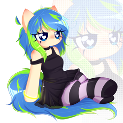 Size: 2560x2560 | Tagged: safe, artist:arwencuack, oc, oc only, oc:ravebounce, anthro, unguligrade anthro, arm hooves, breasts, clothes, commission, female, freckles, heart, heart eyes, high res, mare, skirt, socks, solo, stockings, striped socks, thigh highs, wingding eyes, ych result, zoom layer