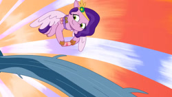 Size: 3072x1727 | Tagged: safe, screencap, pipp petals, rufus, pegasus, pony, g5, my little pony: tell your tale, very bad hair day, spoiler:g5, spoiler:my little pony: tell your tale, spoiler:tyts01e64, female, flying, living hair, male, mare, messy mane, smiling, solo, spread wings, stallion, wings