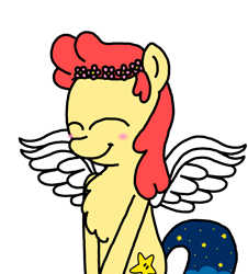Size: 3023x3351 | Tagged: safe, artist:professorventurer, oc, oc:power star, pegasus, pony, bipedal, blushing, chest fluff, cute, eyes closed, female, floral head wreath, flower, high res, mare, ocbetes, rule 85, smiling, spread wings, super mario 64, super mario bros., wings