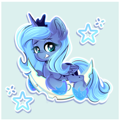Size: 1284x1284 | Tagged: safe, artist:jollyt, princess luna, alicorn, pony, g4, chibi, crescent moon, ear fluff, eyebrows, eyebrows visible through hair, female, filly, folded wings, grin, hoof shoes, lidded eyes, looking at you, moon, princess shoes, smiling, smiling at you, solo, stars, tangible heavenly object, wings, woona, younger