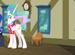 Size: 589x434 | Tagged: safe, screencap, princess celestia, princess luna, time flies, alicorn, pegasus, pony, between dark and dawn, g4, animated, boxes, cropped, excited, female, male, mare, nope, offscreen character, ponytail, post office, stallion, tail, tail bun, trio