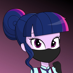 Size: 2160x2160 | Tagged: safe, artist:brokenadam, artist:diilaycc, edit, sci-twi, twilight sparkle, equestria girls, g4, my little pony equestria girls: friendship games, clothes, coronavirus, covid-19, cropped, crystal prep, crystal prep academy, crystal prep academy students, crystal prep academy uniform, crystal prep shadowbolts, face mask, gloves, gradient background, high res, mask, missing accessory, no glasses, pleated skirt, school uniform, skirt, solo