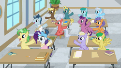 Size: 600x338 | Tagged: safe, screencap, compass star, desert wind, frying pan (g4), high roller, linky, polo play, rarity, saturn (g4), shoeshine, silver waves, spring melody, sprinkle medley, sweet buzz, wintergreen, earth pony, pegasus, pony, unicorn, friendship university, g4, alternate hairstyle, animated, disguise, female, gif, las pegasus resident, male, mare, plainity, stallion