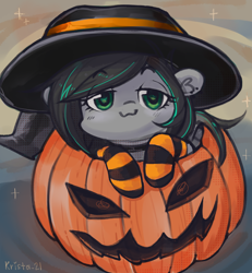 Size: 3508x3803 | Tagged: safe, artist:krista-21, oc, oc only, oc:lumishade, pony, clothes, costume, cute, female, full body, halloween, halloween costume, hat, high res, holiday, pumpkin, socks, solo, striped socks, witch hat