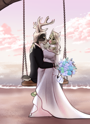 Size: 2160x2960 | Tagged: safe, artist:blackblood-queen, oc, oc only, oc:caine, oc:fern evergreen, deer, unicorn, anthro, unguligrade anthro, anthro oc, beach, bouquet, bouquet of flowers, cainergreen, clothes, cloud, commission, couple, deer oc, digital art, dress, ear piercing, earring, female, flower, happy, high res, horn, husband and wife, interspecies, jewelry, male, marriage, married, married couple, necklace, newlywed, non-pony oc, oc x oc, piercing, shipping, sitting on lap, smiling, straight, suit, swing, unicorn oc, wedding, wedding dress