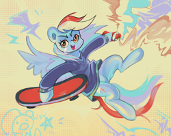 Size: 8103x6457 | Tagged: safe, artist:krista-21, rainbow dash, pegasus, pony, g4, 20% cooler, :o, >:d, abstract background, absurd resolution, clothes, emanata, female, full body, graffiti, hoodie, open mouth, paint, pastel, pattern, skateboard, solo, spread wings, wings