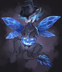 Size: 1550x1800 | Tagged: safe, artist:kirby_orange, oc, oc:change, changeling, insect, belly, blue changeling, blue mane, blue tail, drool, fangs, glowing, glowing belly, glowing eyes, glowing wings, gradient background, gray background, halloween, hat, holiday, insect wings, lidded eyes, long tongue, looking at you, makeup, male, pumpkin, pumpkin gut, raised hooves, sharp teeth, smiling, solo, spread legs, spreading, tail, teeth, tongue out, wings