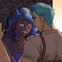 Size: 2700x2700 | Tagged: safe, artist:twillow, hitch trailblazer, izzy moonbow, human, g5, dark skin, female, high res, humanized, jewelry, looking at each other, looking at someone, male, necklace, ship:moontrail, shipping, straight