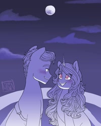 Size: 960x1200 | Tagged: safe, artist:twillow, hitch trailblazer, izzy moonbow, earth pony, pony, unicorn, g5, balcony, blushing, eye clipping through hair, female, looking at each other, looking at someone, male, monochrome, moon, ship:moontrail, shipping, signature, smiling, stallion, straight, teeth