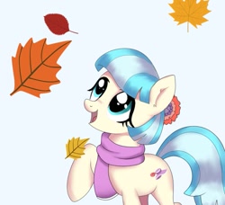 Size: 635x578 | Tagged: safe, artist:vinilyart, coco pommel, earth pony, pony, g4, autumn leaves, blue background, clothes, falling leaves, female, leaves, looking up, mare, open mouth, open smile, raised hoof, scarf, simple background, smiling, solo