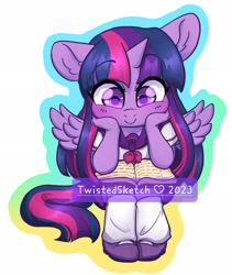 Size: 1731x2048 | Tagged: safe, artist:twisted-sketch, twilight sparkle, alicorn, anthro, plantigrade anthro, g4, book, clothes, cute, eyebrows, eyebrows visible through hair, female, mare, outline, reading, sailor uniform, school uniform, simple background, skirt, smiling, solo, twiabetes, twilight sparkle (alicorn), uniform, white background