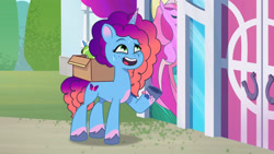 Size: 3072x1727 | Tagged: safe, screencap, madame taffytail, misty brightdawn, pony, unicorn, g5, misty moves in, my little pony: tell your tale, spoiler:g5, spoiler:my little pony: tell your tale, spoiler:tyts01e65, crystal brighthouse, eyebrows, female, mare, open mouth, open smile, raised eyebrow, rebirth misty, smiling, solo, sweat, sweatdrop