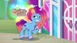 Size: 3072x1727 | Tagged: safe, screencap, madame taffytail, misty brightdawn, pony, unicorn, g5, misty moves in, my little pony: tell your tale, spoiler:g5, spoiler:my little pony: tell your tale, spoiler:tyts01e65, crystal brighthouse, female, grin, magic, mare, rebirth misty, smiling, solo, sweat, sweatdrop, telekinesis