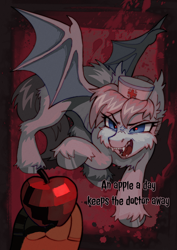 Size: 1240x1748 | Tagged: safe, artist:cherry_kotya, applejack, nurse redheart, bat pony, pony, g4, apple, bat ponified, food, race swap