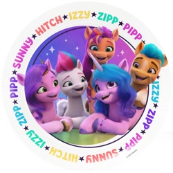 Size: 800x800 | Tagged: safe, hitch trailblazer, izzy moonbow, pipp petals, sunny starscout, zipp storm, earth pony, pegasus, pony, unicorn, g5, official, adorapipp, adorazipp, bracelet, coat markings, colored, cute, folded wings, group, hitchbetes, hooves, izzybetes, jewelry, looking at each other, looking at someone, lying down, mane five, mane stripe sunny, merchandise, open mouth, open smile, plate, prone, simple background, sitting, smiling, socks (coat markings), sunnybetes, underhoof, unshorn fetlocks, white background, wings