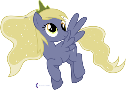 Size: 5548x4000 | Tagged: safe, artist:parclytaxel, oc, oc:champagne galaxy, pegasus, pony, .svg available, absurd resolution, alcohol, champagne, commission, crown, derp, ethereal mane, female, flying, fusion, fusion:derpy hooves, fusion:lunaderp, fusion:princess luna, galaxy mane, jewelry, mare, regalia, simple background, smiling, solo, transparent background, vector, wine