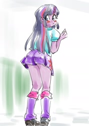 Size: 1285x1815 | Tagged: safe, artist:cocomorinewoo, twilight sparkle, human, equestria girls, g4, adorasexy, ass, blush sticker, blushing, butt, clothes, cute, female, japanese, looking back, rear view, sexy, shirt, shoes, skirt, solo, twibutt