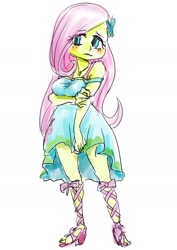 Size: 1285x1815 | Tagged: safe, artist:cocomorinewoo, fluttershy, human, equestria girls, g4, blushing, breasts, busty fluttershy, eye clipping through hair, female, holding arms, simple background, solo, white background