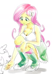 Size: 1285x1815 | Tagged: safe, artist:cocomorinewoo, fluttershy, spike, spike the regular dog, dog, human, equestria girls, g4, boots, breasts, busty fluttershy, cleavage, clothes, duo, duo male and female, female, high heel boots, looking down, male, shirt, shoes, simple background, skirt, socks, solo focus, white background