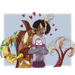 Size: 1440x1440 | Tagged: safe, artist:curls4thebrain, discord, fluttershy, human, anthro, g4, the return of harmony, antlers, blush lines, blushing, clothes, crossed arms, discorded fluttershy, elf ears, female, hands together, heart, height difference, horn, humanized, kiss on the head, kissing, male, mismatched clothes, ship:discoshy, shipping, skirt, straight, suit, sweater, tail, tail wag