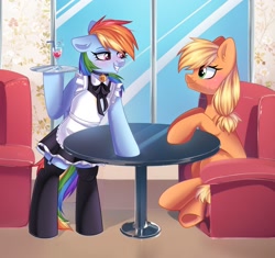 Size: 1746x1638 | Tagged: safe, artist:freyamilk, applejack, rainbow dash, earth pony, pegasus, pony, g4, apron, bipedal, clothes, drink, duo, duo female, female, floppy ears, grin, lesbian, looking at each other, looking at someone, maid, mare, rainbow maid, serving tray, ship:appledash, shipping, smiling, smiling at each other, stockings, table, thigh highs, waitress