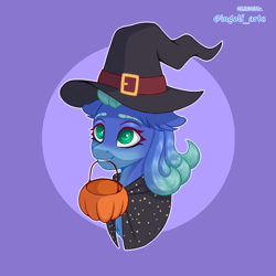 Size: 2250x2250 | Tagged: safe, artist:ingolf arts, oc, oc only, oc:emerald splash, earth pony, pony, chest fluff, cute, ear fluff, female, halloween, hat, high res, holiday, mare, pumpkin, signature, simple background, solo, witch costume, witch hat