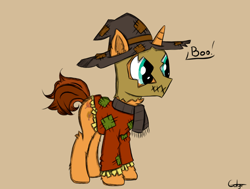 Size: 746x564 | Tagged: safe, artist:gotyx96, oc, oc only, oc:autumn falls, pony, unicorn, clothes, costume, ear fluff, halloween, halloween costume, holiday, male, nightmare night, nightmare night costume, ponytober, ponytober 2023, scarecrow, scarf, solo, stallion