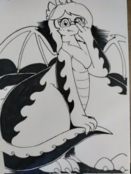 Size: 1538x2048 | Tagged: safe, artist:taurson, oc, oc only, dragon, black and white, bottom heavy, dragoness, female, glasses, grayscale, impossibly large thighs, impossibly wide hips, monochrome, non-pony oc, sitting, solo, thighs, thunder thighs, traditional art, wide hips