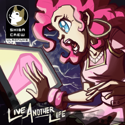 Size: 800x800 | Tagged: safe, artist:theartrix, pinkie pie, human, pony, g4, 2013, album cover, computer screen, doge, female, hoofbump, humanized, isekai, open mouth, screen, self paradox, self ponidox, solo