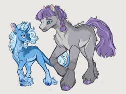 Size: 1280x956 | Tagged: safe, artist:drniaraz, maud pie, trixie, earth pony, pony, unicorn, g4, blaze (coat marking), braid, cloven hooves, coat markings, colored hooves, countershading, curved horn, ear fluff, facial markings, female, gray background, height difference, horn, leonine tail, lesbian, looking at each other, looking at someone, looking up, mealy mouth (coat marking), missing accessory, missing cutie mark, pale belly, raised hoof, ship:mauxie, shipping, shoulder fluff, simple background, size difference, socks (coat markings), tail, tail fluff, unshorn fetlocks, walking