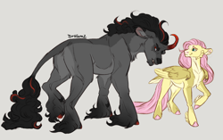 Size: 1280x806 | Tagged: safe, artist:drniaraz, fluttershy, king sombra, pegasus, pony, unicorn, g4, 2023, butt, cheek feathers, chin fluff, claws, coat markings, colored eartips, colored hooves, curved horn, dorsal stripe, duo, duo male and female, ear fluff, ears back, female, folded wings, gradient hooves, gradient legs, gray background, height difference, horn, leg feathers, leonine tail, long fetlocks, looking at someone, looking at you, male, mare, pale belly, plot, red eyes, ship:sombrashy, shipping, signature, simple background, size difference, smiling, smolshy, stallion, standing, story included, straight, tail, tusk, unshorn fetlocks, wing claws, wings