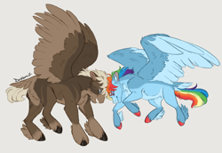Size: 1280x880 | Tagged: safe, artist:drniaraz, dumbbell, rainbow dash, pegasus, pony, g4, belly fluff, blaze (coat marking), butt fluff, cheek fluff, chest fluff, chin fluff, coat markings, colored hooves, colored wings, colored wingtips, dumbdash, duo, duo male and female, facial markings, female, gradient background, gray background, grin, headbutt, leg feathers, male, mare, mealy mouth (coat marking), missing cutie mark, pale belly, partially open wings, shipping, shoulder fluff, simple background, smiling, socks (coat markings), spread wings, stallion, straight, tail, tail feathers, unshorn fetlocks, wings