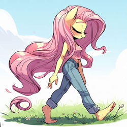 Size: 519x519 | Tagged: safe, ai assisted, ai content, artist:xmonstergirlshideout, fluttershy, pegasus, anthro, plantigrade anthro, g4, barefoot, breasts, busty fluttershy, eyes closed, feet, grass, long mane, smiling